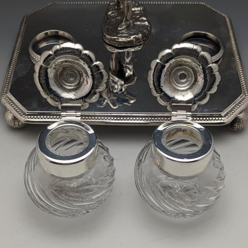 British Vintage Silver Plated Golf Design Pen Stand & Inkwell Pair